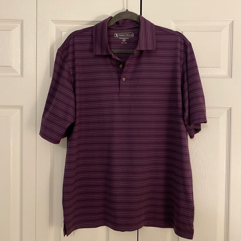 PEBBLE BEACH Men's Performance Collared Polo Golf Shirt Purple Stripes